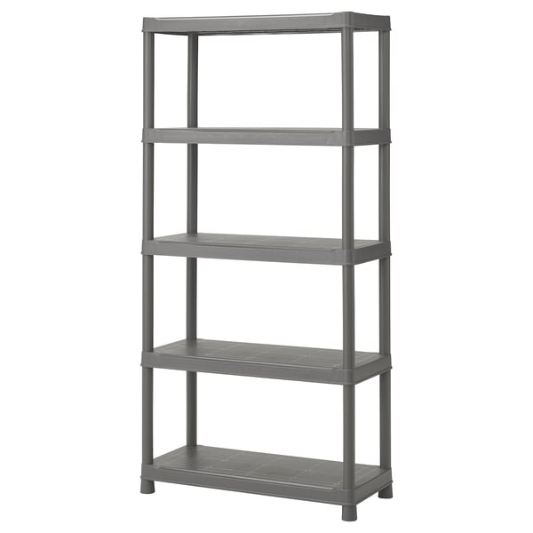 A dark gray, five-shelf RUNMARÖ storage unit. Its rectangular, made of plastic, and designed for both indoor and outdoor use.