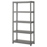 A dark gray, five-shelf RUNMARÖ storage unit. Its rectangular, made of plastic, and designed for both indoor and outdoor use.