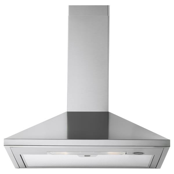Stainless steel range hood RYTMISK, modern design with central chimney and led light.