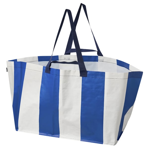 Blue and white striped shopping bag with dual handles, made from recycled materials.