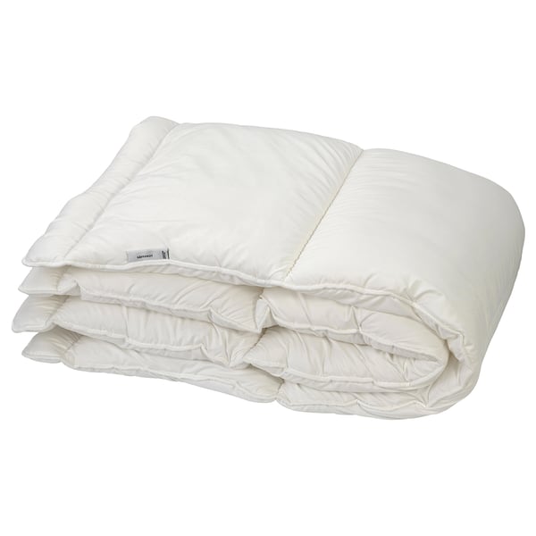 Folded white SÄFFEROT duvet, soft, recycled material, clean design.