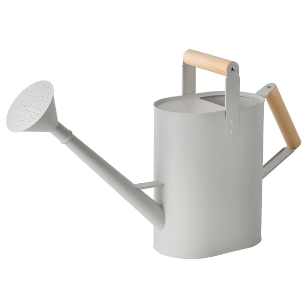 Gray powder-coated steel watering can with birch handles, long spout, and shower head, designed for both utility and decor.