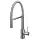 A SALLSJÖN kitchen faucet in stainless steel. It a high-arc gooseneck design with a pull-down dual-spray spout.