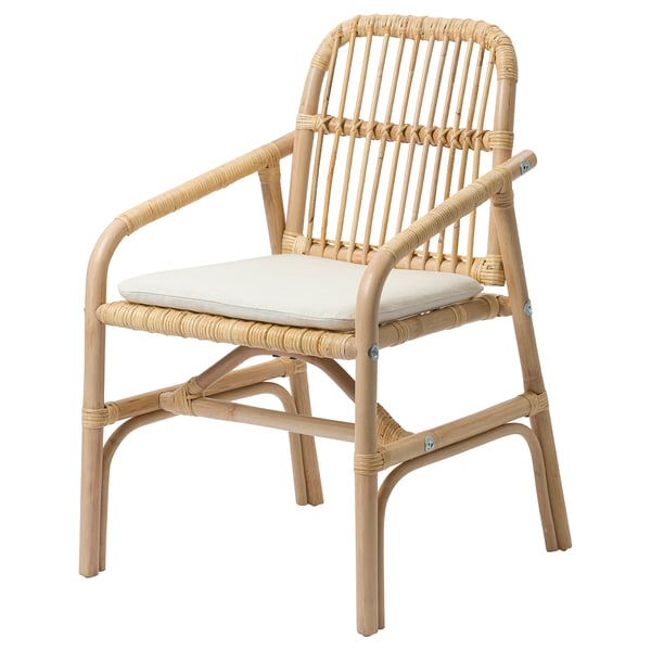 A beige wicker chair with a beige cushion, showcasing a natural and elegant design.