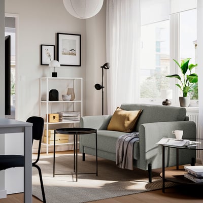 Contemporary living room: grey sofa, gold pillow, black table, white shelves, lamp, wood floor, large window.