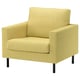 Modern, lime green upholstered armchair with rectangular design and black metal legs.