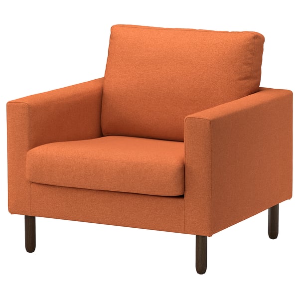 Orange SALTSJÖBADEN chair. Modern, plush, dark wood legs, square shape, high back, broad armrests.