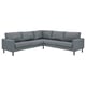 Modern grey l-shaped sofa with wooden legs, clean lines, and soft cushions.