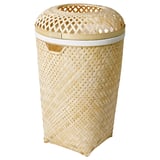 Wicker laundry hamper, beige, bamboo, woven, round top with handle.