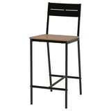 A black metal SANDSBERG bar stool with a wooden seat and a simple, two-slat backrest. It a footrest and a slim, modern design.