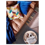 Living room with brown SANELA cushion, colorful throw, blue blanket, coffee cup, remote, and magazine.