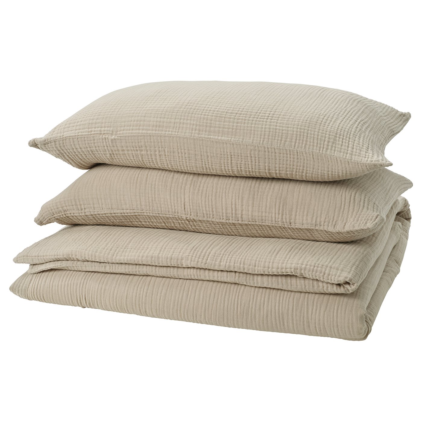 Stack of four beige cushions with wavy texture and visible stitching.
