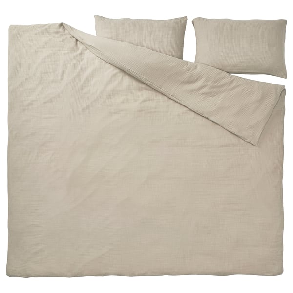 SCHERSMIN duvet set in neutral muslin cotton. Includes duvet and two pillow covers with envelope closures. Soft, breathable, gots certified.