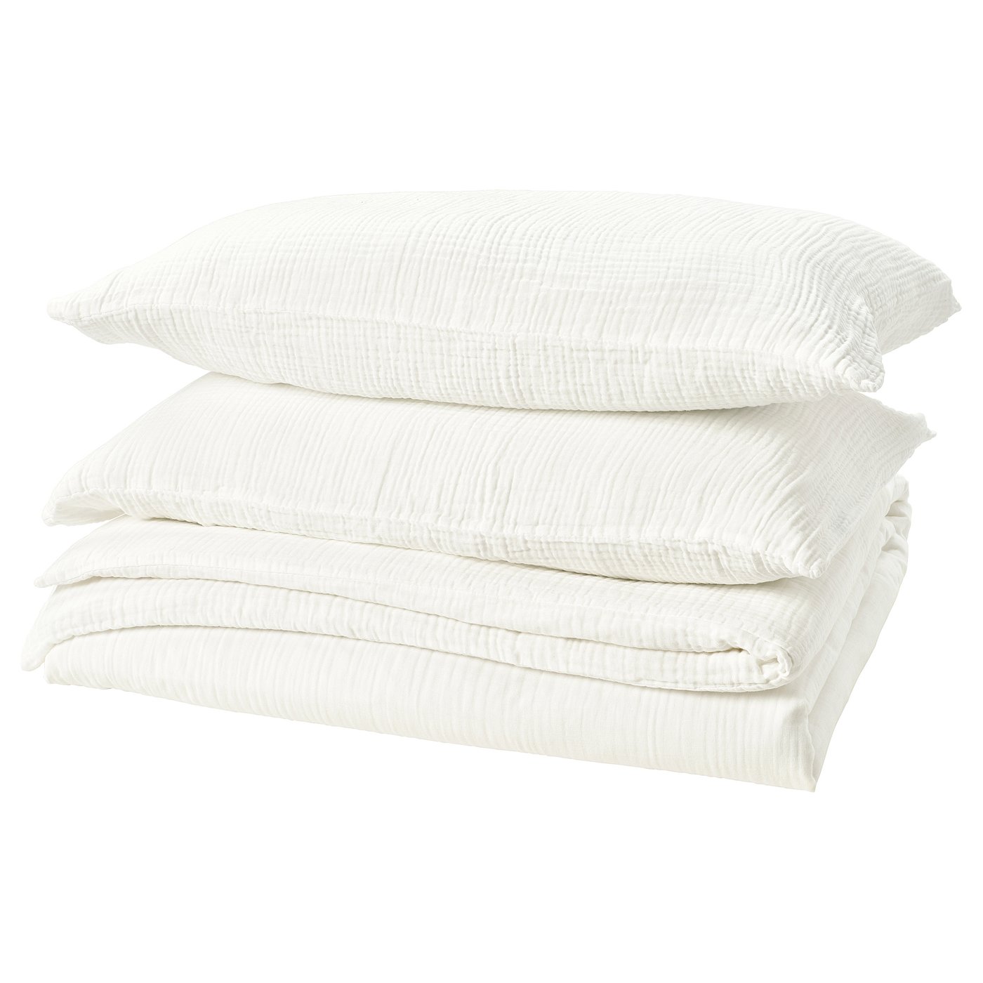 Stacked white bed linen set; includes duvet and pillow covers.