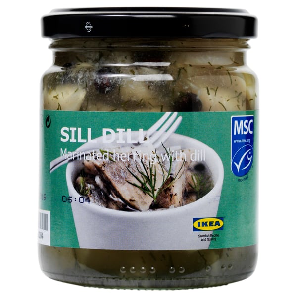 Jar of SILL DILL: marinated herring with dill, onions, allspice. Swedish recipe, msc-certified.
