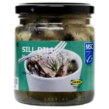 Jar of SILL DILL: marinated herring with dill, onions, allspice. Swedish recipe, msc-certified.