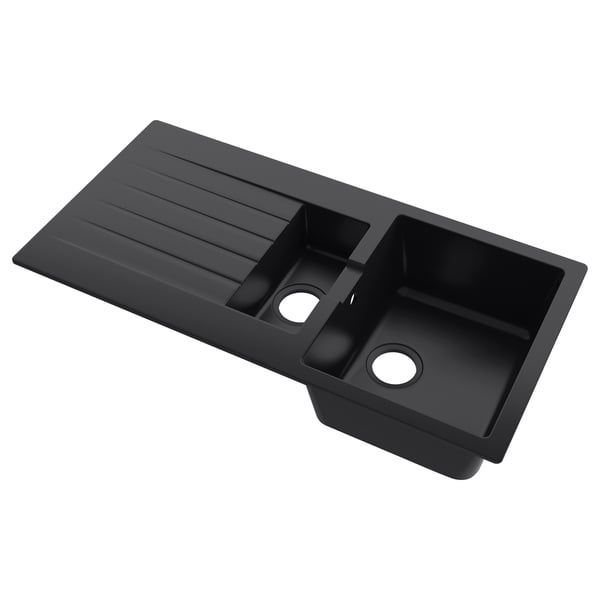 A black SINKSJÖN sink with a drainboard, made of quartz sand and acrylic plastic, featuring two compartments and two pre-drilled tap holes.