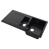 A black SINKSJÖN sink with a drainboard, made of quartz sand and acrylic plastic, featuring two compartments and two pre-drilled tap holes.