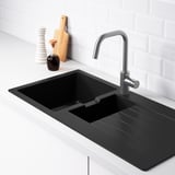 Black kitchen sink with drainboard, faucet, and backsplash. The sloped drainboard directs water back into the bowl.
