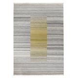 Modern SJÖTÅTEL rug: gray/striped with yellow accents, rectangular, wool/cotton, handwoven with fringes.