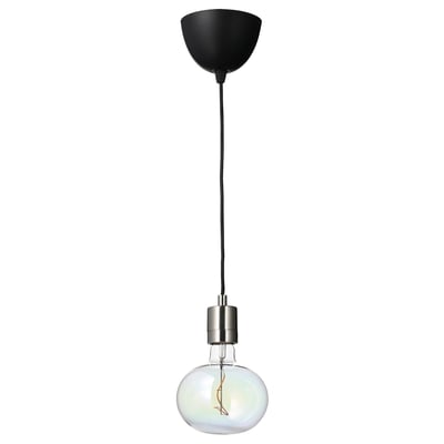 Modern black pendant lamp with nickel socket, oval multicolored led bulb, energy-efficient and long-lasting.