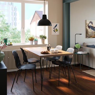 SKÅLSTA Table and 4 chairs, walnut effect hairpin black-grey/plastic black tubular metal/black-grey, 140x80 cm