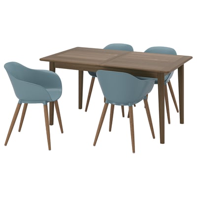SKANSNÄS: modern brown wooden table seating 4, expandable to 6; 4 blue chairs with flexible backs and arms, designed for comfort and style.