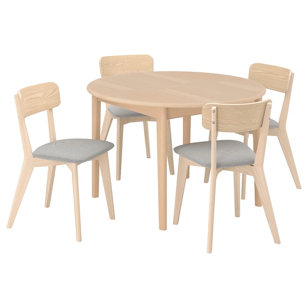 SKANSNÄS: modern, light wood dining set with 4 chairs and extendable table, soft cushioned seats, sleek design.