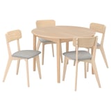 SKANSNÄS: modern, light wood dining set with 4 chairs and extendable table, soft cushioned seats, sleek design.