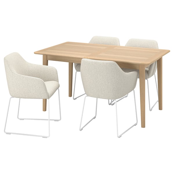 Modern light wood dining set for 4 with white chairs.