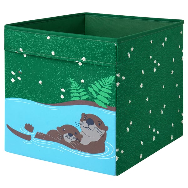 This image shows a green fabric storage box named SKOGSDUVA with otters and leaves design, suitable for kallax shelving.