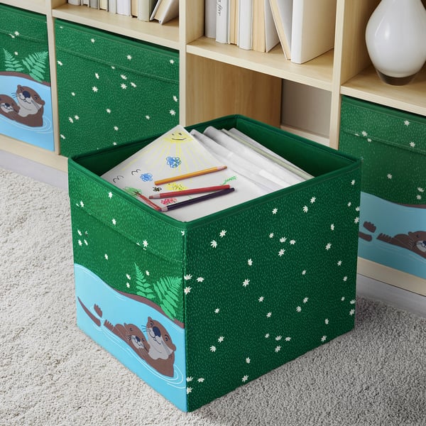 Green boxes with otter designs for kids art supplies. Fits kallax shelving.