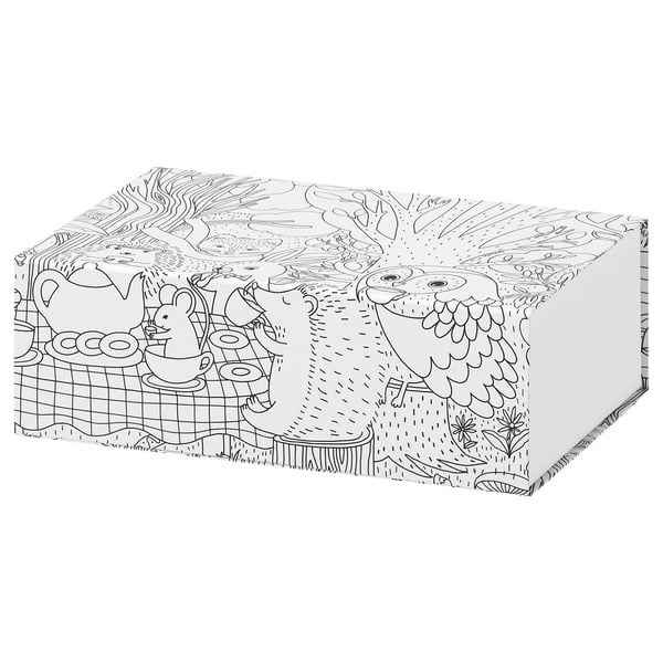 Decorative SKOGSDUVA box black-and-white nature design, rectangular shape, made from recycled solid paperboard. Perfect for organizing small items.