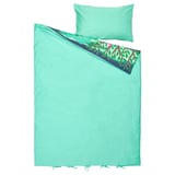Teal bedset SKOGSDUVA with arctic fox, mouse, and mushroom house design, made from 80% cotton, 20% viscose.