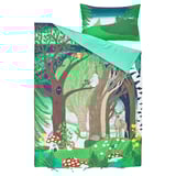 Whimsical forest-themed green bedding set with woodland creatures. Includes duvet cover and pillowcase, made from soft cotton-viscose mix.