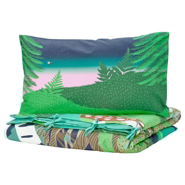 Forest-themed kids bedding set: green, cotton-blend, with mouse, fox, mushroom house, tied with ribbons.