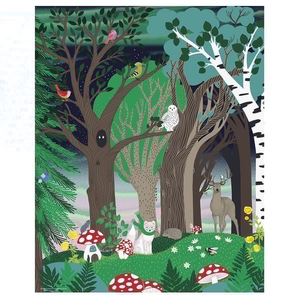 Enchanted forest poster - green, brown, detailing woodland creatures, trees, mushrooms.