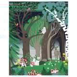Enchanted forest poster - green, brown, detailing woodland creatures, trees, mushrooms.