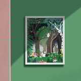 SKOGSDUVA poster, green, white frame, forest design, medium size.