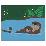 Brown otter family swimming in blue water, green foliage, flowers, insect.