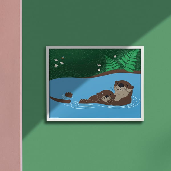 SKOGSDUVA poster shows a brown otter family swimming in blue water. Framed, displayed against a green wall. Size: medium.