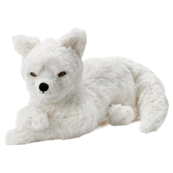 A plush white arctic fox toy with soft, fluffy fur, black eyes, and paws, designed for hugging and play.