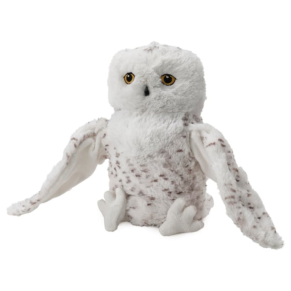 A plush white owl toy with brown spots, soft texture, and large yellow eyes, perfect for children.
