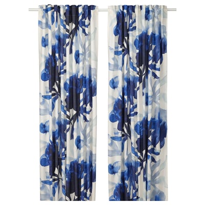 SKOGSNÄSSLA Curtains, 1 pair, white/blue floral pattern/with heading tape, 145x250 cm