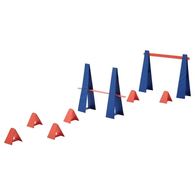 Blue triangular hurdles & red cones obstacle course.