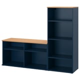 Blue SKRUVBY storage: tv bench & bookcase with shelves.
