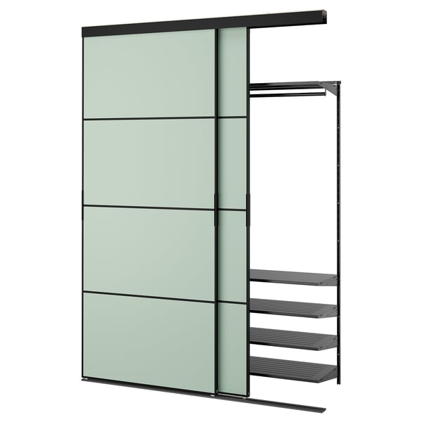 SKYTTA green wall storage with shelves.