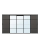A SKYTTA sliding door setup with black frames, clear glass panels, and dark brown sides. It a minimalist, modern design.