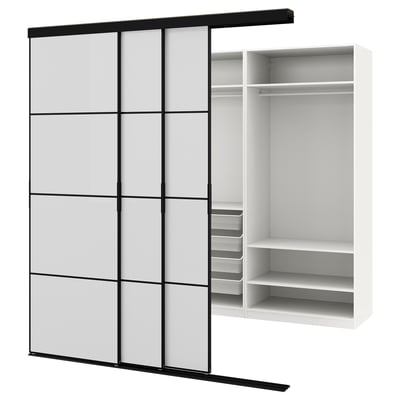 SKYTTA wardrobe, sleek white sliding doors, three compartments, minimalist design.
