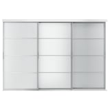 Displays a white SKYTTA sliding door system with frosted glass panels and aluminum frames.